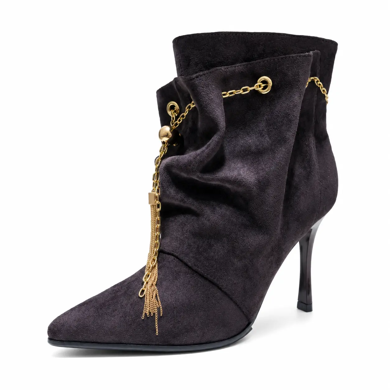 AMINUGAL Elegant Suede Ankle Boots with Gold Chain Tassel Detail and Pointed Toe Design for Women