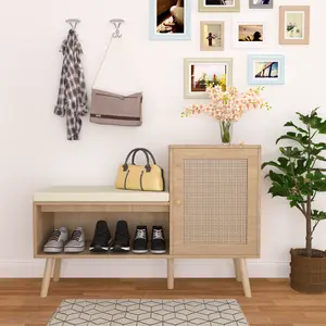 Natural Rattan 2-in-1 Shoe Storage Bench with Removable Cushion, Entryway Organizer with 2 Adjustable Shelves, Modern Shoe Cabinet for Hallway Bedroom and Living Room, Space Saving Design