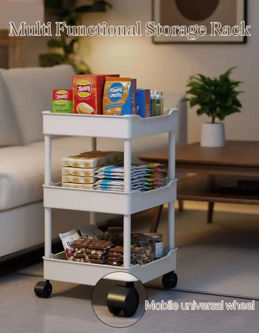 Slim Rolling Gap Storage Cart - 3/4 Tier with 360° Swivel Wheels, Smooth Slide, Lightweight Hollow Basket, Space-Saving Home Organizer for Kitchen & Bathroom, White & Black, Holds Spices, Skincare, Snacks, Plastic