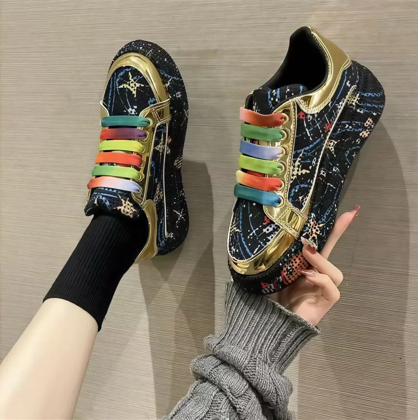 Women's Rhinestone Graffiti Print Low Top Skate Sneakers - Rainbow Laces, Breathable Cushion, Shock-Absorbing Soft Support, Non-Slip Summer Platform Trainers for Daily Walking (Multiple Sizes)