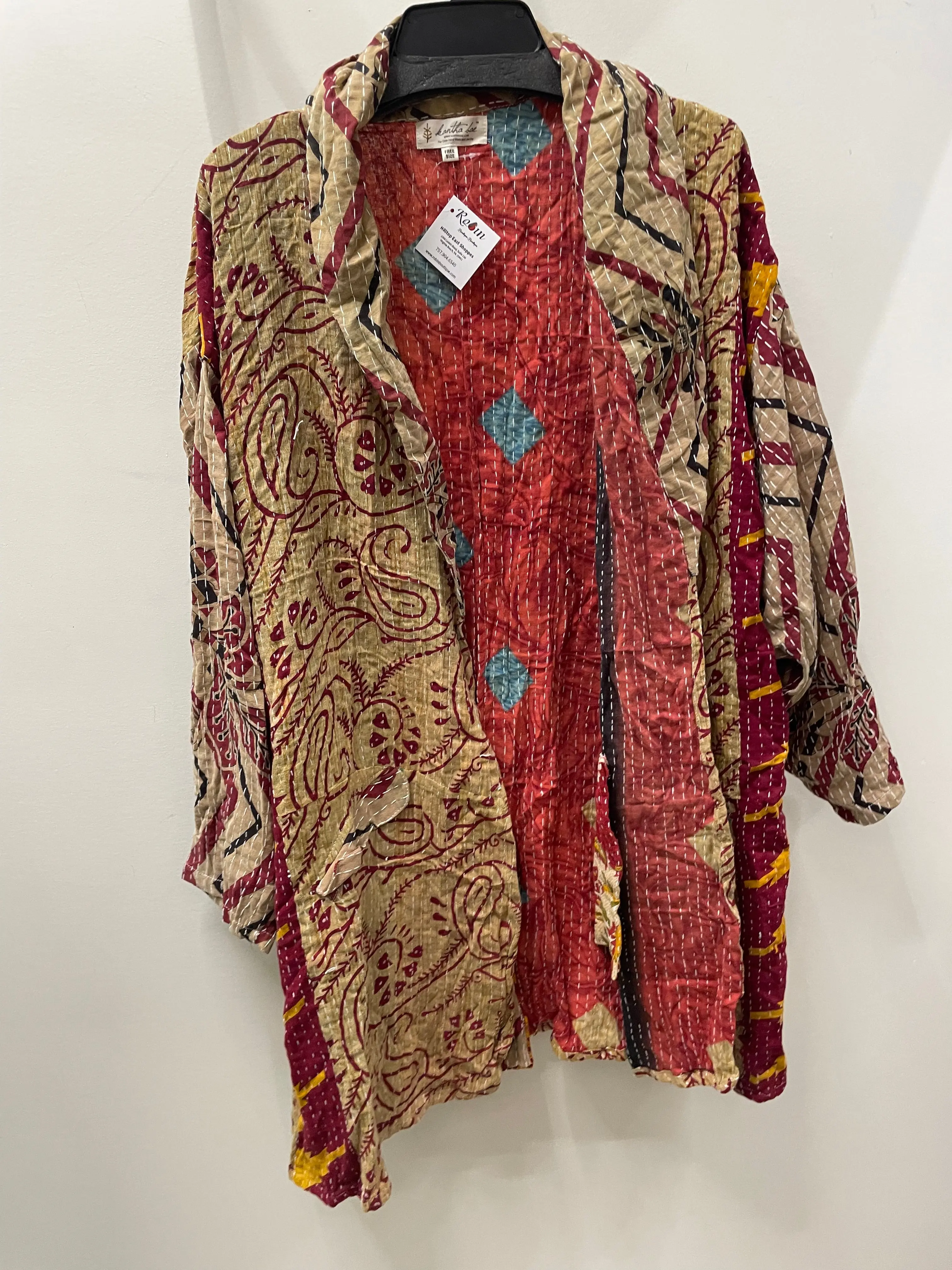 Women's Chic Vintage Kimono Kantha Blazer #28, Premium Fabric Top by Kantha Bae, Prints, Fit, Pockets, Cotton, Two Prints In One, Line Dry