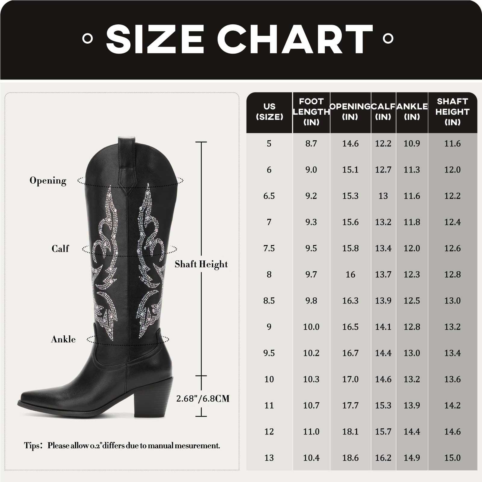 Women's Cowboy Boots - Wide Calf, Rhinestone Embellished, Glittery Western Knee-High Boots with Embroidery & Side Zipper