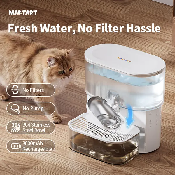 Wireless cat water fountain without filter cartridge, waste water separation function, MAKTART stainless steel bowl, 3000 mAh battery, 3.5 L water dispenser for cats and dogs, white