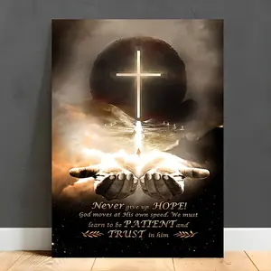 1pc Wooden Frame Canvas Painting Christian Religious Cross Print Canvas Poster God's Hand Quote Print Painting Home or Office Living Room Decoration Inspirational Quote Wall Art with Frame Ready to Hang, 11.8inch x 15.7inch