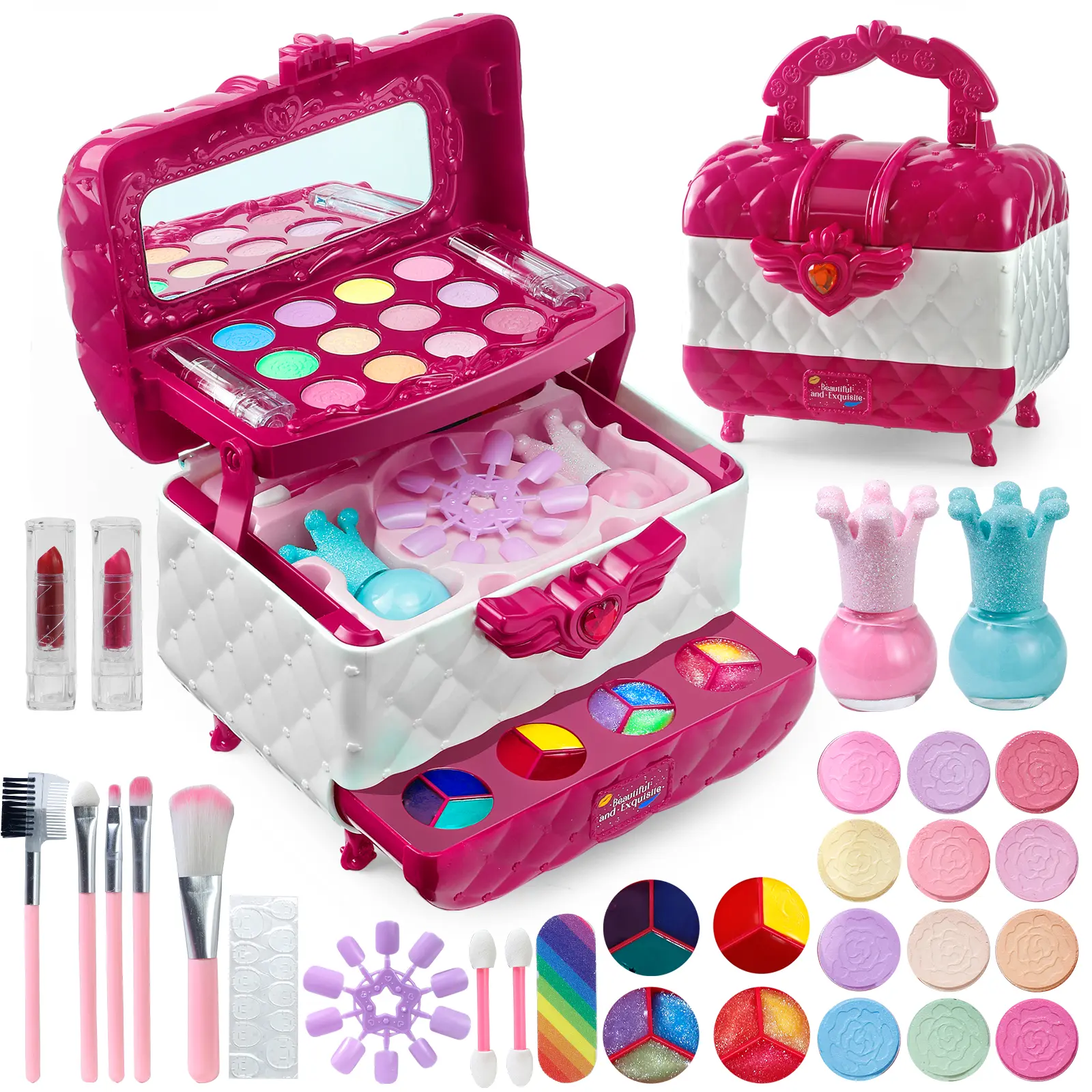 Kids Washable Makeup Set for Girls, Real Cosmetic Toy Makeup Kit with Mirror Carry Case, 24-in-1 Beauty Playset, Lipstick, Brushes & Nail Accessories Gift