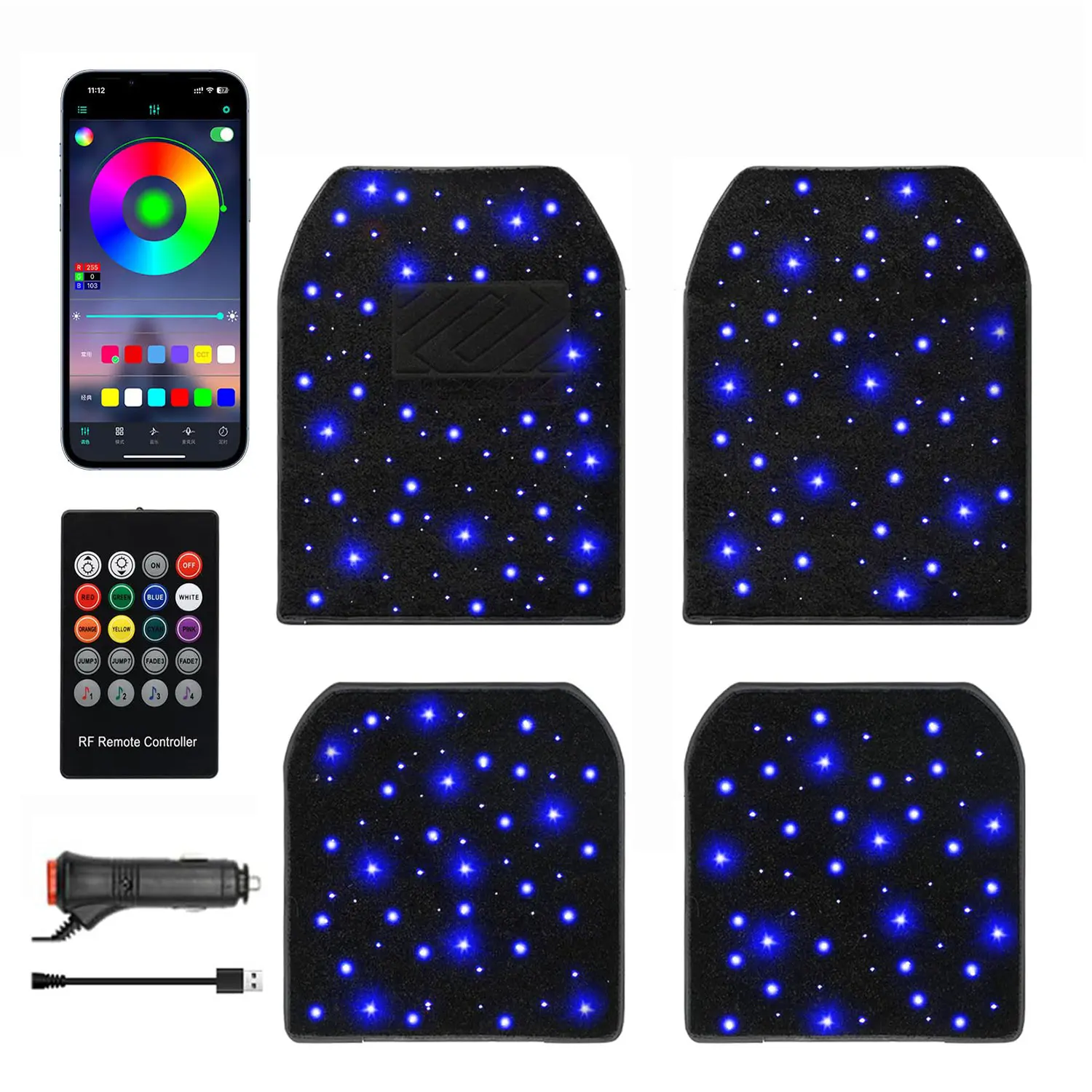 Car Waterproof Star Light Floor Mats Interior Ambient Lighting,with APP & Remote Control ,Car Mats Floor Carpet Starlights LED Light ,For Car Effect for Romantic Starlight Atmosphere Universal Fit