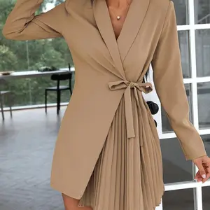 European and American Wish Independent Station Amazon Autumn and Winter New Solid Color Pleated Suit Coat Dress