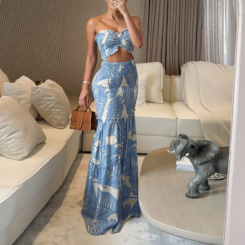 ChicMe Women's Tropical Print Drawstring Ruched Shirred Frill Trim Bandeau Vacation Dress Cinched Waist Slim Fit Ruffle Hem Mermaid Dress