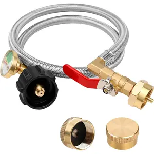 Propane Tank Adapter for 1 lb. Tanks, Propane Refill Adapter Hose with Gauge and ON/Off Control Valve, 3 FT Stainless Steel Hose with 2 Bottle Caps, Fill 1 Pound Bottles from 5-40lb Tank