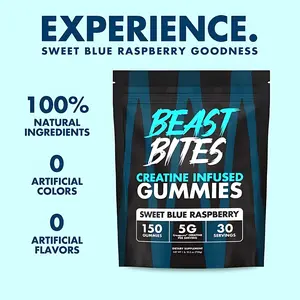 Beast Bites Creatine Infused Gummies with Creapure NSF Certified 5g Monohydrate per Serving Sweet Blue Raspberry Flavor Non-GMO Gluten Free Vegan