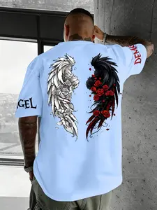 Men's Summer Angel & Demon Rose Wing Print Loose Short Sleeve T-Shirt, Menswear, Perfect for Daily, Casual, Streetwear, Street Style, Music Festivals, Dark Fashion
