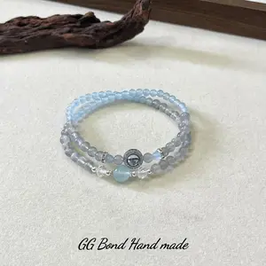 White Crystal, Grey Moonstone, Aquamarine Double-strand Bracelet for Women, Soothing Mood Blue Chalcedony Bracelet