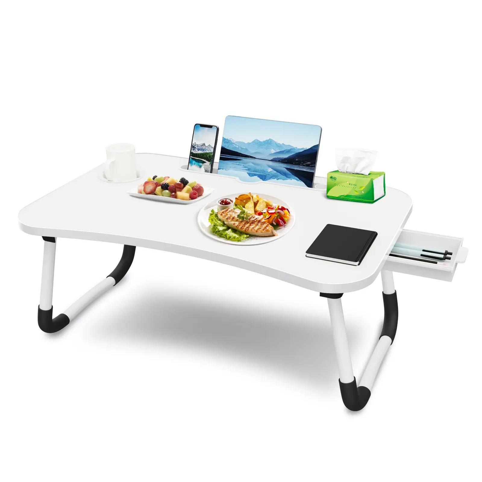 Foldable Laptop Bed Desk Table Tray Stand with Cup Holder & Storage Drawer for Bed Sofa Couch Study Reading Writing on Low Sitting Floor Large Portable Lap Trays Eating and Laptops Modern Storage Design