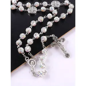 1pc Vintage Classic Multicolor Catholic 55pcs 8mm Rhinestone Beads Cross Necklace , Unisex Personalized Handmade Prayer Bead Jewelry For Gift