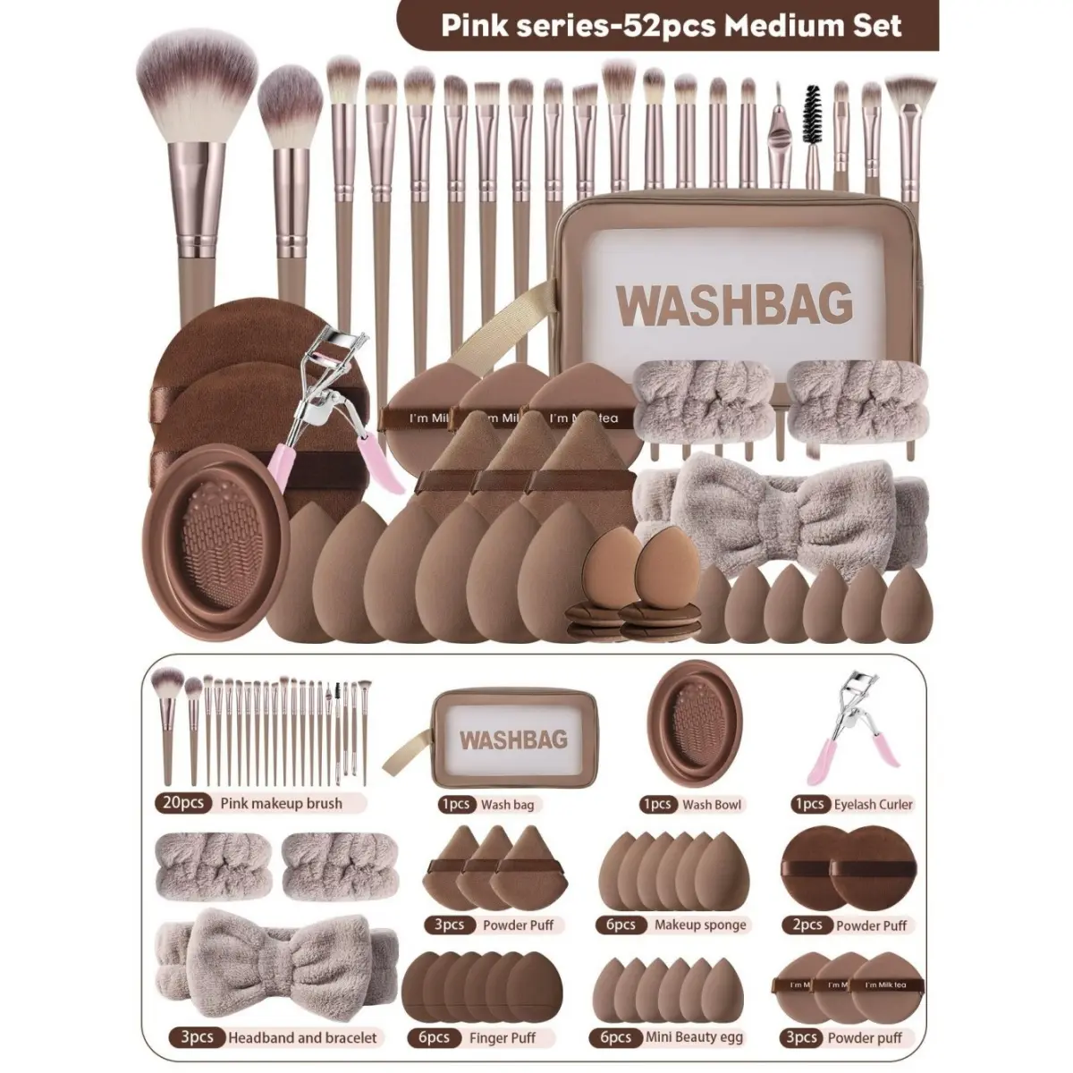 All-in-One 52-Piece Makeup Brush Set with Storage Bag, Brown Beauty Sponges, Multi-Size Powder Puffs, Plush Headband, Metal Eyelash Curler, Silicone Cleaning Bowl, Coffee Makeup Bag, Complete Kit for Beginners, Daily Use, Travel & Gifting