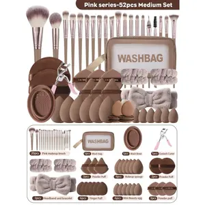 52 Piece Makeup Tool Set Includes 20 Full Makeup Brushes 1 Waterproof Toiletry Bag 3-Piece Toiletry Set 26 Powder Puffs Eyelash Curler Cleaning Bowl