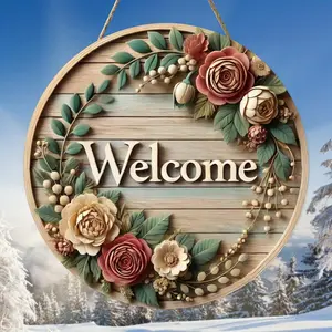 Floral Welcome Sign, Front Door Decorative Pendant, Creative Wooden Round Sign, Wood Welcome Home Sign, New House Gift, Circular Door Greeting Sign, Porch Welcome Sign