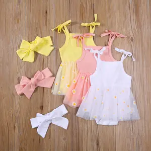Baby Girl Clothes Daisy Print Strap Bodysuit Sleeveless Tulle Tutu Romper Dress with Headband Newborn Summer Outfit 0 6 9 12 18 Months