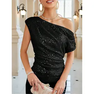 Women's Solid Color Sequin Pleated Asymmetric Neckline Elegant Fashion Top, Suitable for Various Occasions Such as Home, Sports, Dances, Shopping, and Gatherings.
