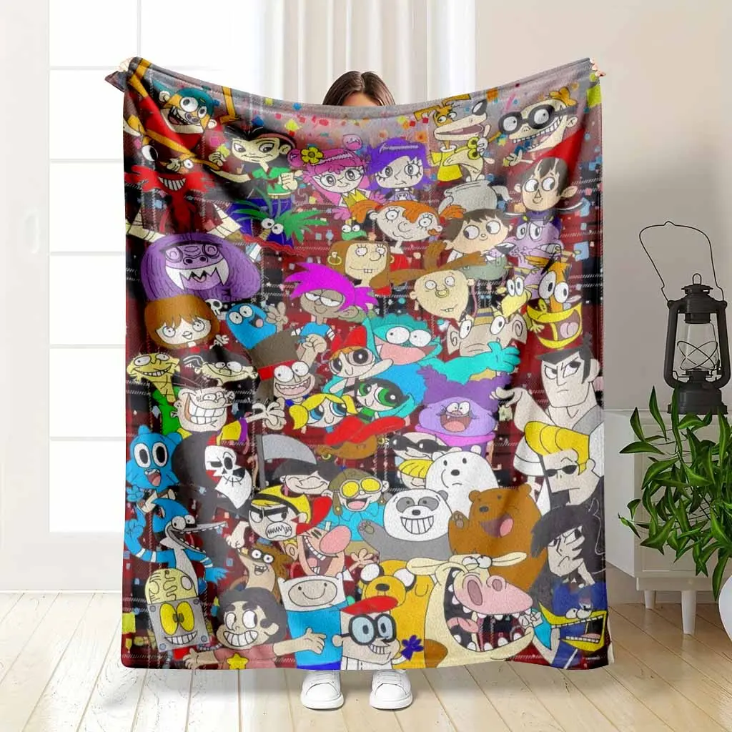 Cartoon Character Collage Flannel Blanket Colorful Plaid Print Soft Cozy Warm Lightweight Throw for Sofa Bed Travel Movie Nights Home Everyday Gifts