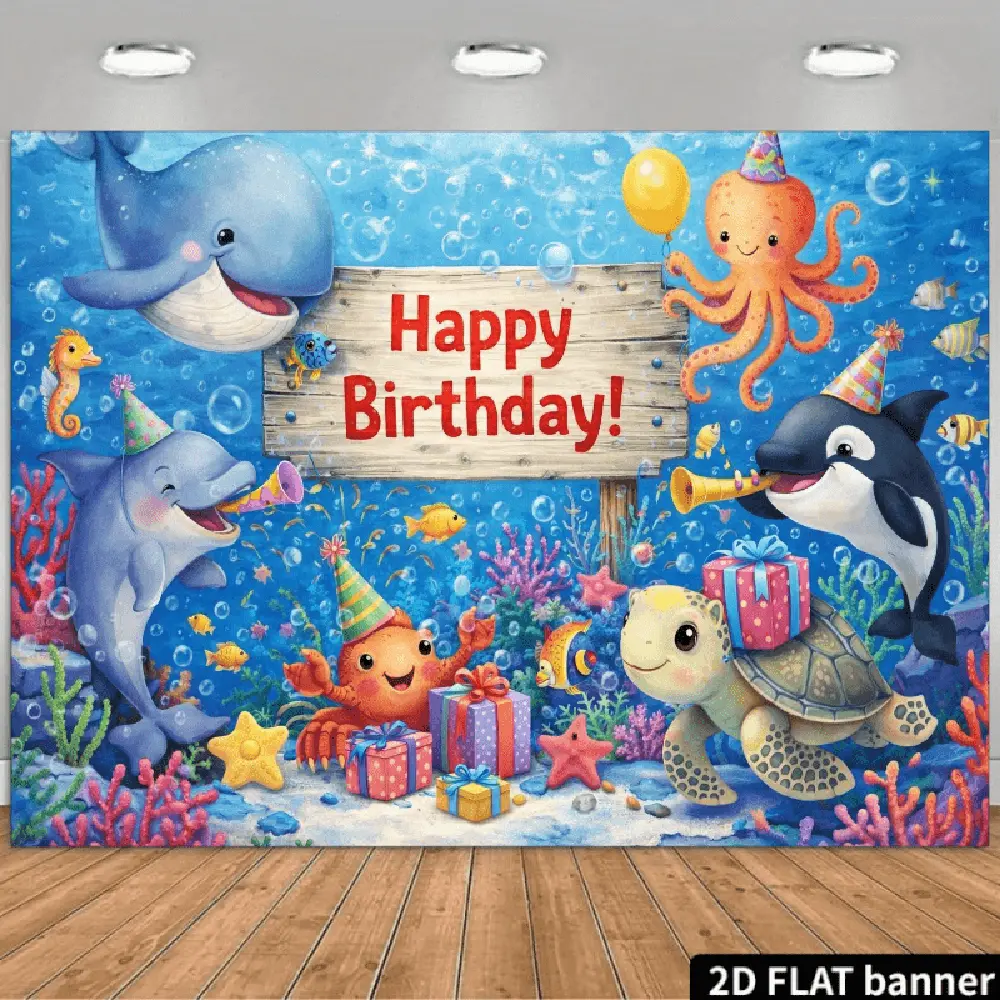 2D Flat Polyester Photography Backdrop Banner - HD Digitally Printed, Soft, Lightweight, Foldable Cloth with Under the Sea Ocean Marine Life Cartoon Animals Theme for Birthday Celebrations, Photo Booths, Photo Booth