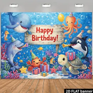 2D Flat Banner Polyester Photography Backdrop, HD Digitally Printed Soft Lightweight Foldable Background Cloth with Under the Sea Ocean Marine Life Cartoon Animals Birthday Party Theme for Birthday Celebrations, Photo Booths, and