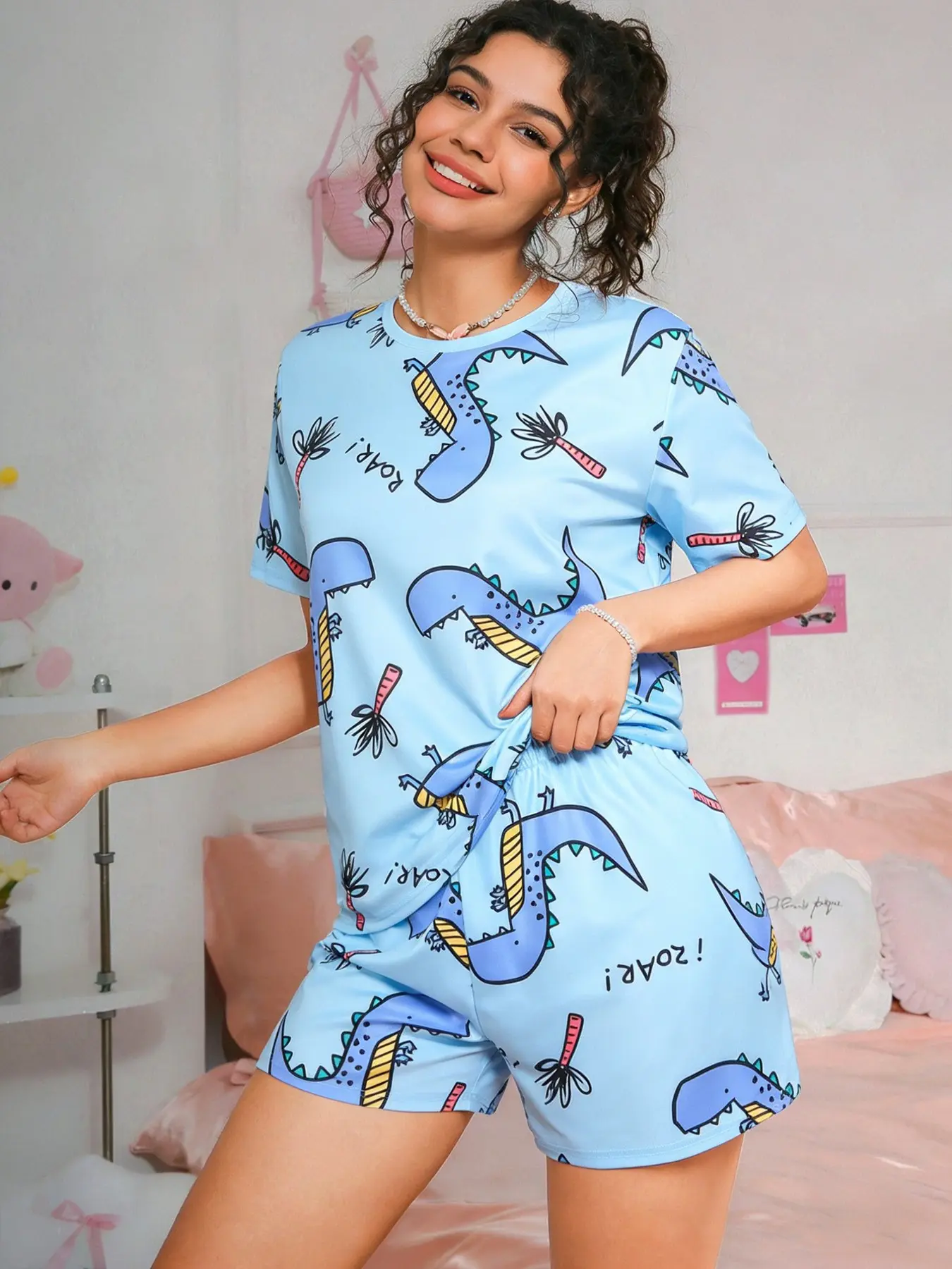 Unisex Cartoon Dinosaur Print Pajama Set, Fun and Casual Home Sleepwear for All Seasons, Loose-Fitting and Comfortable