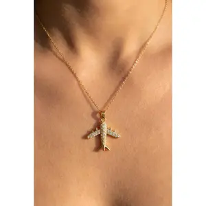 Unique Airplane Pendant For Women Full Diamond Iced Out Style Micro Inlaid CZ 14K Gold Tone Plated Copper Simple Trendy Jewelry Romantic Birthday Gift In Love