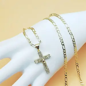 14K Gold Plated Jesus Crucifix Pendant Necklace, 23.62 Inch Copper Figaro Chain (60cm), Cubic Zirconia Inlaid Cross Necklace for Men Women Catholic Religious Jewelry