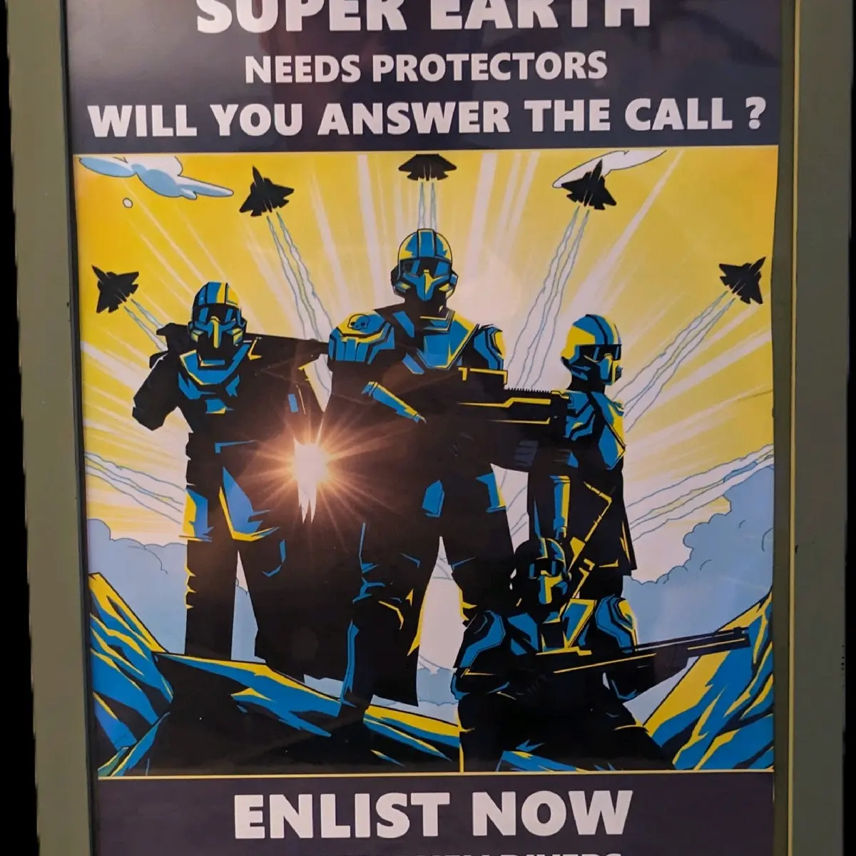 HELLDIVERS 2 fan art with military green photo frame. Decor Posters