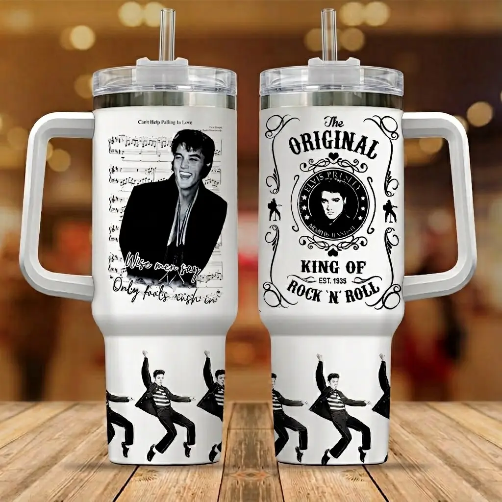 Original King Elvis Presley Insulated Reusable 40oz Wide Mouth Stainless Steel Water Bottle Tumbler - 3-Way Multi-Functional Lid with Straw, Handle, Cover, Guitar & Photo Collage Design, Rock N'Roll Gym Drinkware, Birthday Gift for Rock Lovers, Insulation