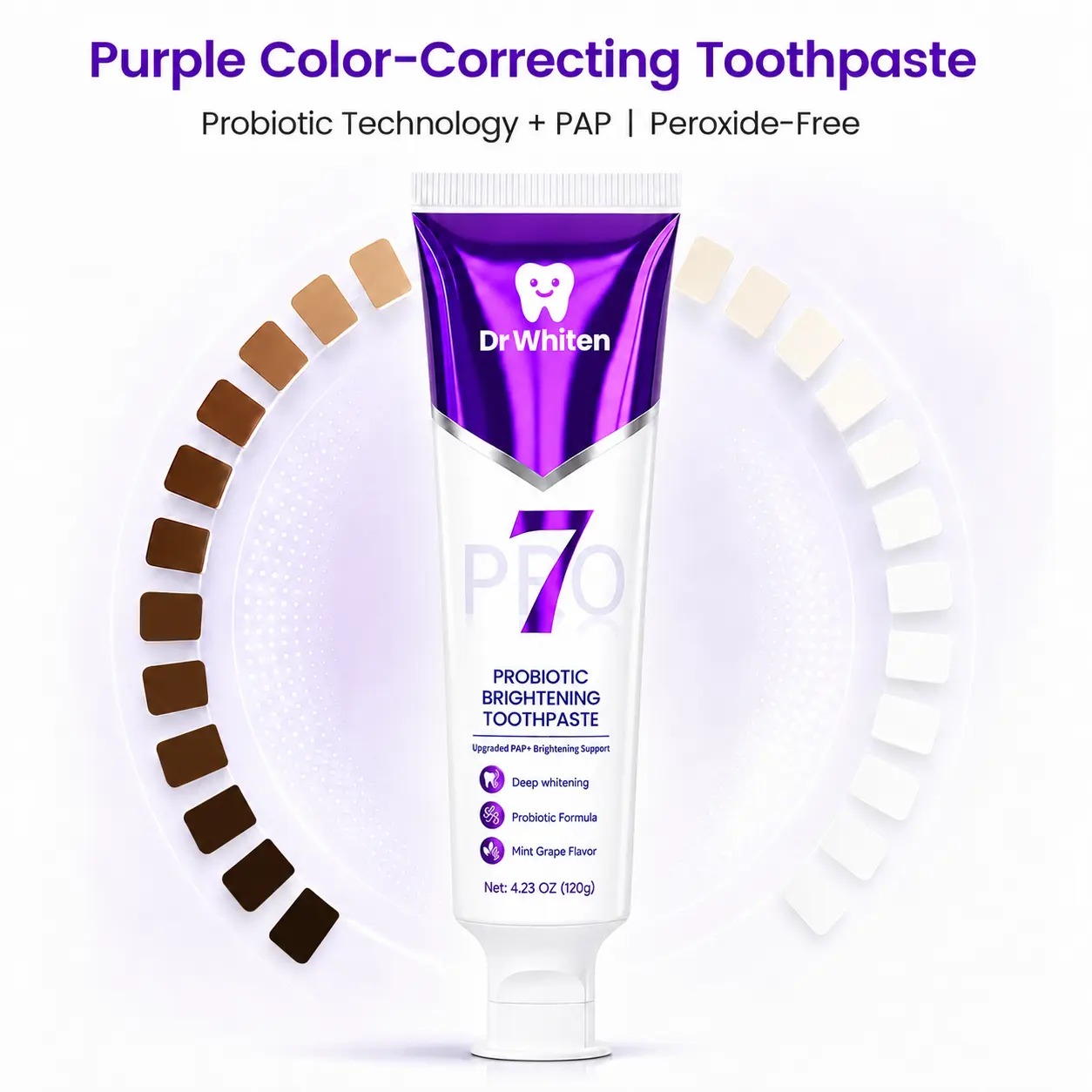 DrWhiten 7-Pro Purple Toothpaste, PAP Formula with 7 Probiotic Strains, Color-Correcting Oral Care, Mint Grape Flavor, Peroxide-Free, 4.23 oz
