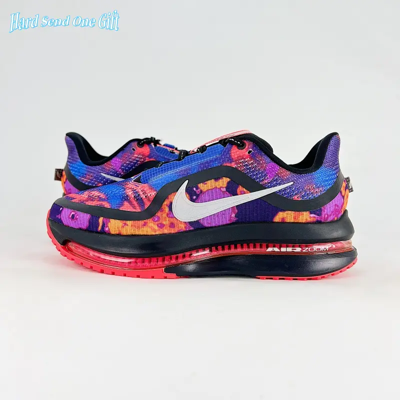 Air cushion running sneakers feature full-length shock absorbing air midsole, crafted from breathable woven knit mesh, vibrant purple-orange abstract tie-dye print with bright red rubber outsole, lightweight build