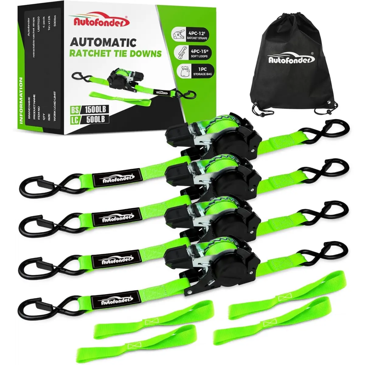 Retractable Ratchet Straps with Soft Loops (4 Pack) - 1,500lb Break Strength, 1in x 12ft Durable Tie-Downs - Auto Self-Retracting Tiedowns for Truck, Cargo Trailer - Bungee Cords with Hooks