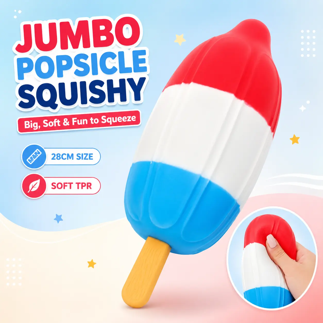 28cm Jumbo Ice Cream Squishy, Giant Cute Ice Cream Squeeze Toy with Shaving Cream Filling, Soft TPR Stress Relief Sensory Fidget Toy for Kids and Adults