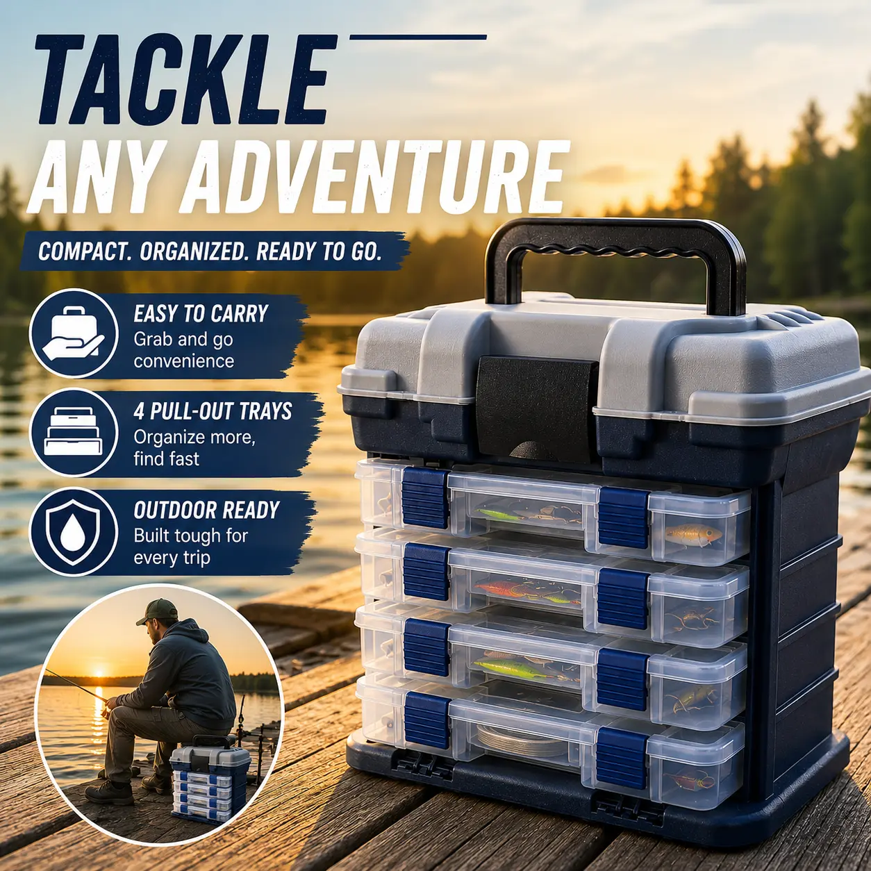 4-Layer Portable Fishing Tackle Box - Gray Heavy-Duty Storage Container with Handle for Fishing Accessories and Equipment (Home Organizer Storage Bin)