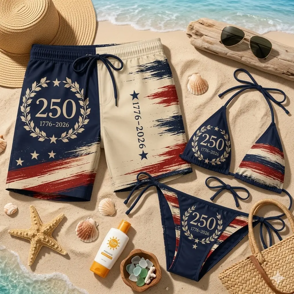 Matching Couples Swimsuit Set, 250 Years 1776-2026 Anniversary Beachwear, American Flag Bikini and Shorts, Patriotic Summer Outfit