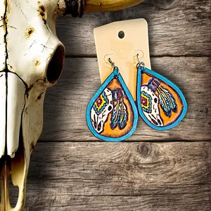Tooled Cow Skull- Tooled Leather Earrings