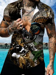 Camouflage Pheasant Pattern Short Sleeve Shirt, Men's Outdoor Casual Printed Shirt, Forest Hunting Theme Summer Top