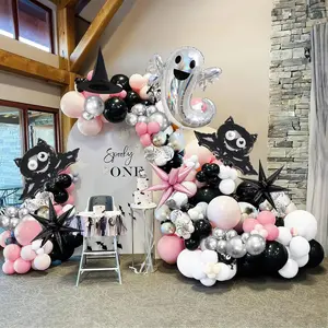 Pink Black Silver Halloween Balloon Garland Kit 130Pcs With Starburst Ghost Balloon And Wizard Hat For Girl Baby Shower Happy Booday Spooky One Birthday Party Decoration