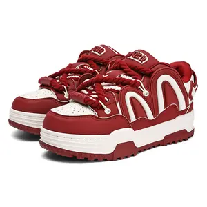 Q-AND Women’s Chunky Platform Sneakers – Red and White Casual Streetwear Shoes with Thick Rope Laces, Lightweight Fashion Walking Trainers, Non-Slip Skate Sneakers for Everyday Wear
