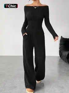 Women's Casual Asymmetrical Striped One Shoulder Knit Top & Wide Leg Pants Set, Fall Winter Fashion, Comfortable Daily Wear