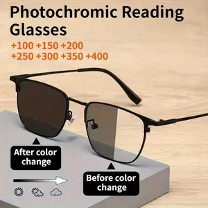 Business Fashion Full Frame Square Photochromic Reading Glasses Men And Women, High Toughness Metal Ultra Light Eyeglass Frame