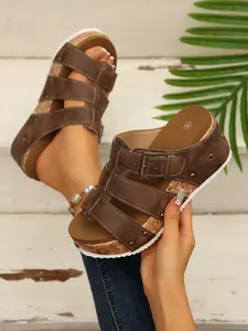 Summer New PU Leather Slippers, Casual Plain Design, Anti-Slip Waterproof Rubber Sole, Thick Bottom Wedge Heel, Women's Comfortable Footwear