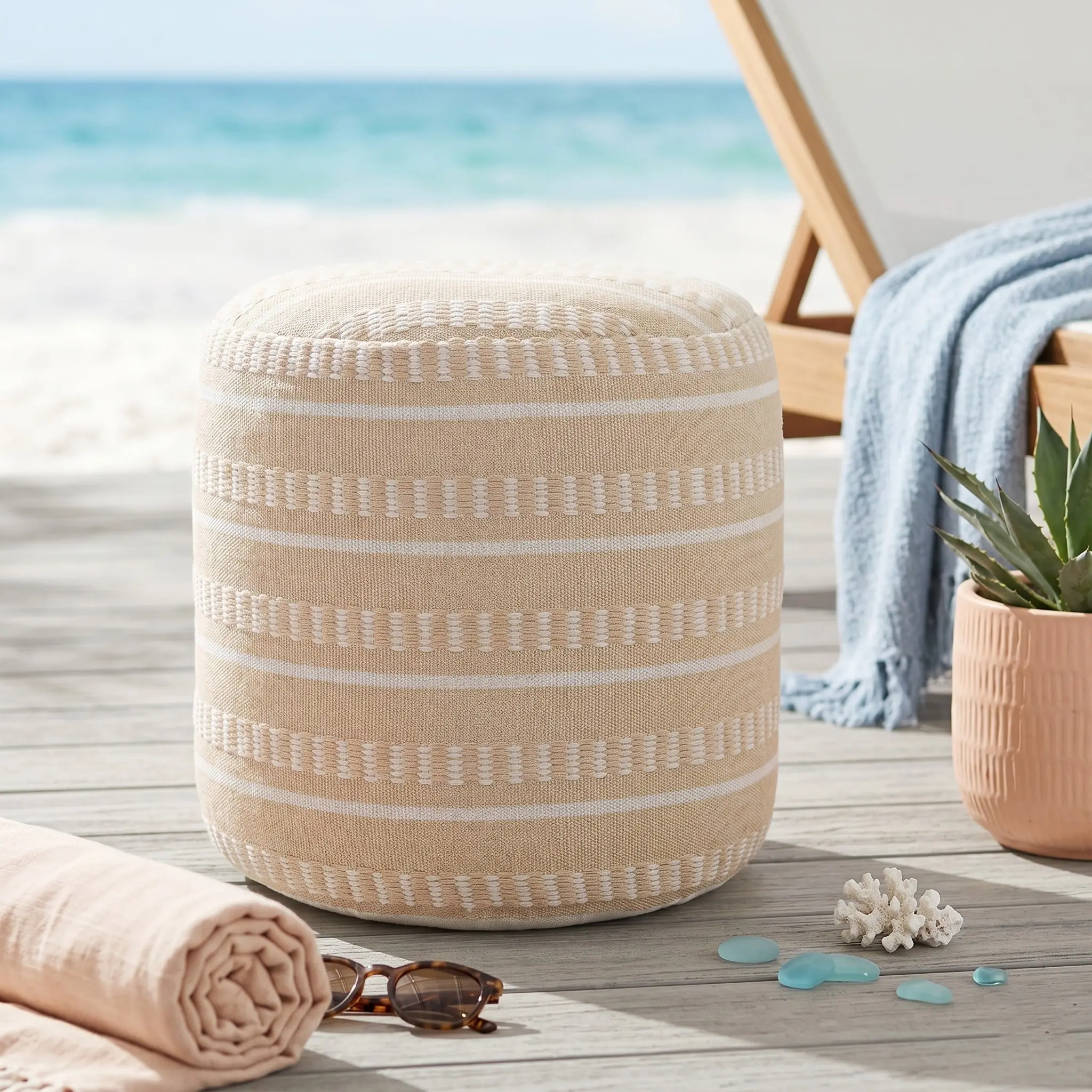 Belgravia Handmade Farmhouse Striped Round Indoor/Outdoor Large Pouf Ottoman (Peach, Blue, Green, Beige)