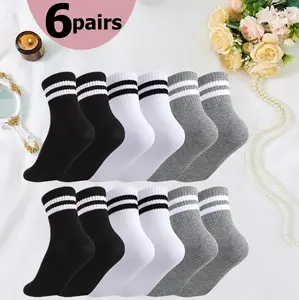 6/18/30/48 Pairs Women's Striped Crew Socks - Breathable, casual sporty style, black white grey, simple 2-stripe combo socks. For daily casual & formal wear, premium fashion, fine craft, lightweight & elegant.