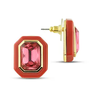 Resin and Gemstone Large Stud Earrings - Gold Plated Rectangle Vintage Earrings 26mm