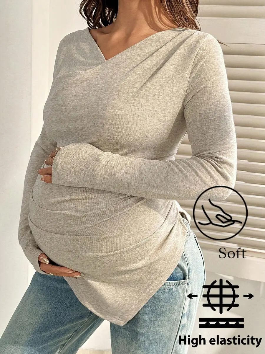 NOGN Khaki V-Neck Long-Sleeved Ruffled Slim-Fit Maternity T-Shirt;Maternity Wear;T-Shirt;Maternity Shirt;Maternity Clothing;Autumn/Winter T-Shirt. Fall