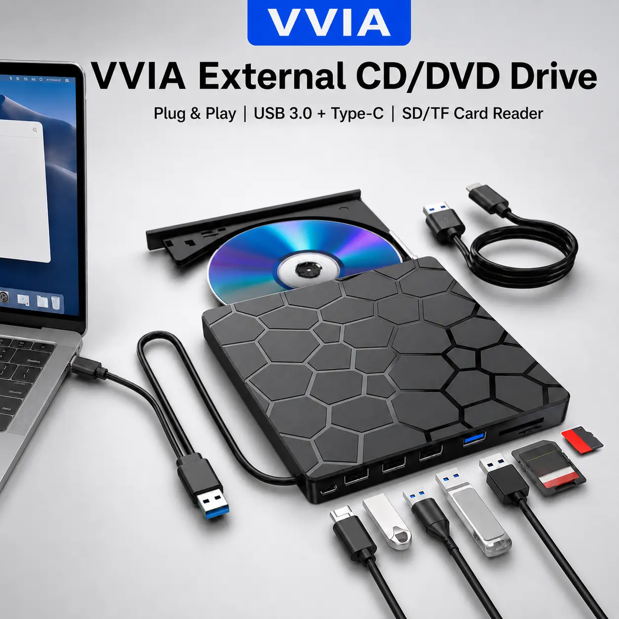 8-in-1 External CD/DVD Drive for Laptops: Portable USB 3.0 & Type-C DVD Player and CD Burner. Ultra-slim optical drive (read/write) for PCs, MacBooks, and desktops; compatible with Windows 11/10/8/7, Linux, and macOS. An office essential. Gaming Pad Gamin