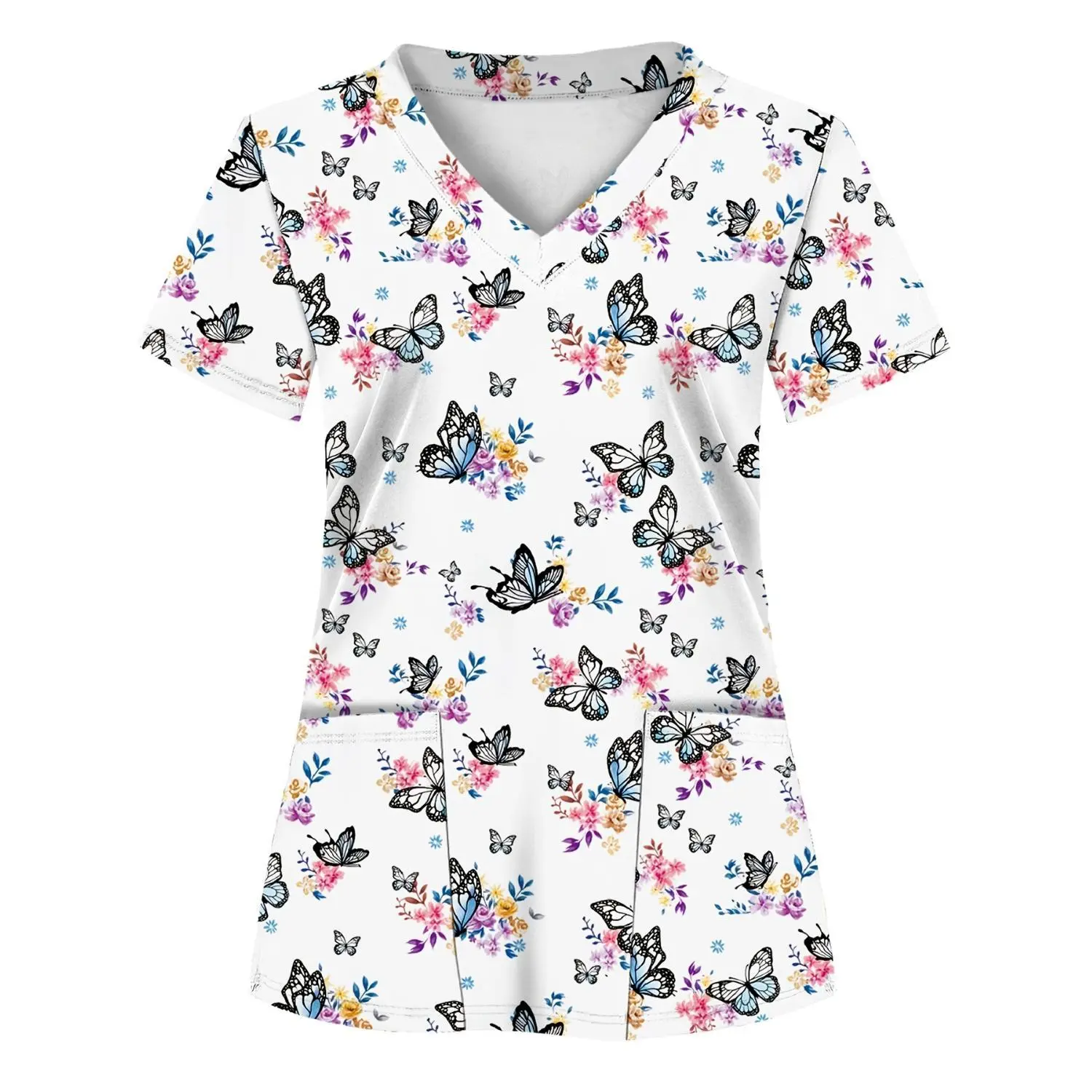 Women's V-Neck Scrub Top with Butterfly Print - White, Short Sleeve, Comfortable Fabric, Dual Pockets, All-Season Wear